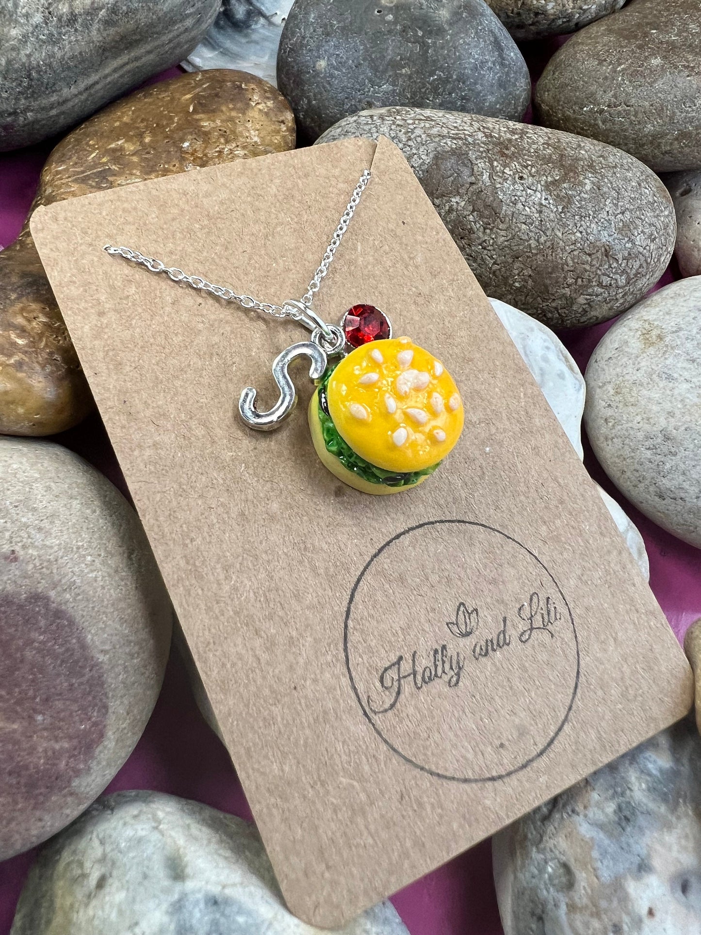 Burger Personalised Pendant Flower Charm Gold Necklace, Alphabet Initials,  Birthstone Charm, Cheeseburger  Gift, Hamburger, vegan burger