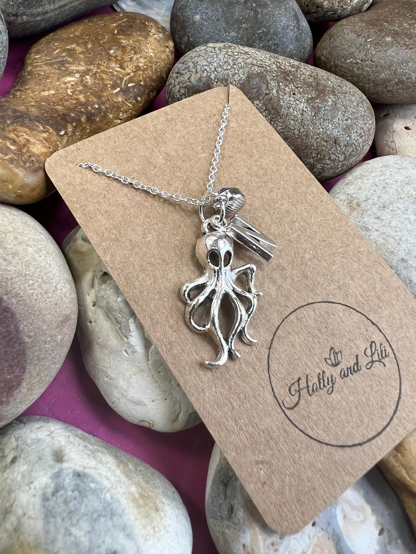 Octopus Personalised Pendant Necklace, Alphabet Initials, Birthstone Charm, Octopus, First Necklace, Animal, Octopus Personalised, Sea Gifts