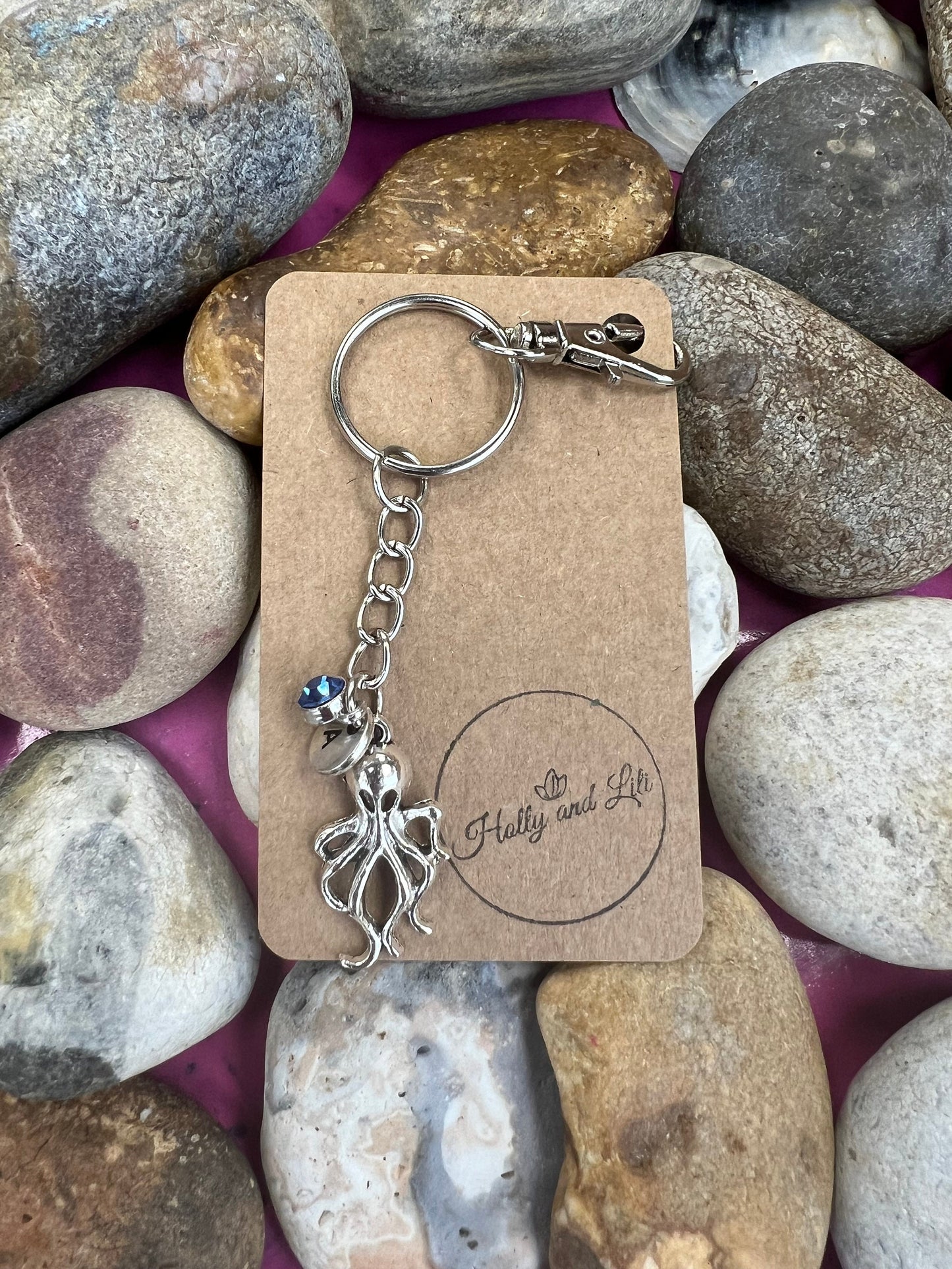 Octopus Personalised, keychain, Octopus Keyring, Alphabetical Initial, Birthstone Charms, Zipper Chain, Initials Key-Ring, Personalise,