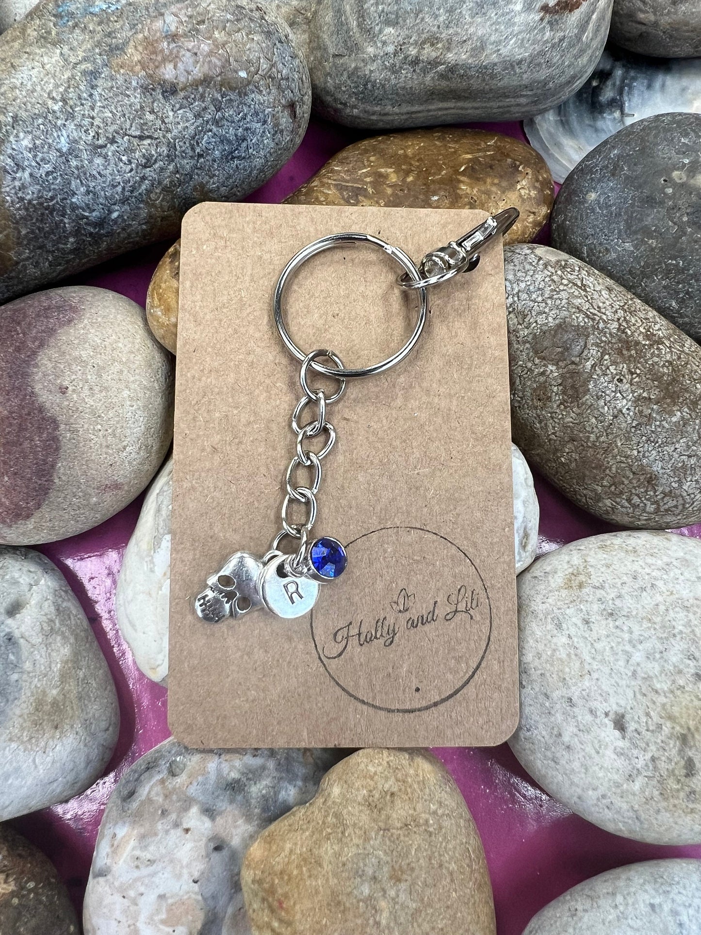 Skull Style Personalised Keychain, Skull Keyring, Face Alphabet Initials, Birthstone Charm, Skulls Gifts, Skull Zipper Chain, Skulls