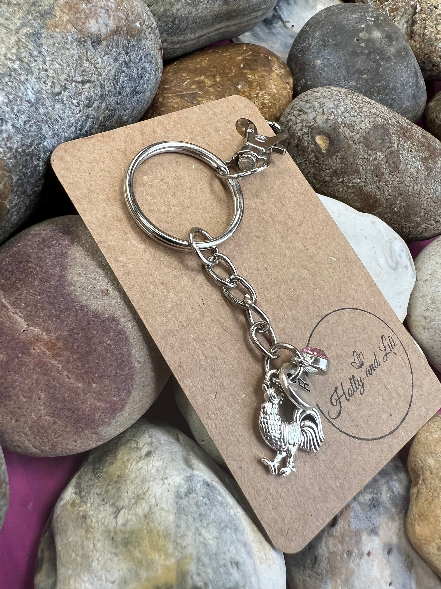 Cockerill Keyring, Hen keychain, Animal Keyring, Alphabetical Initial, Birthstone Charms, Chicken Zipper, Key-Ring, Cock Personalised