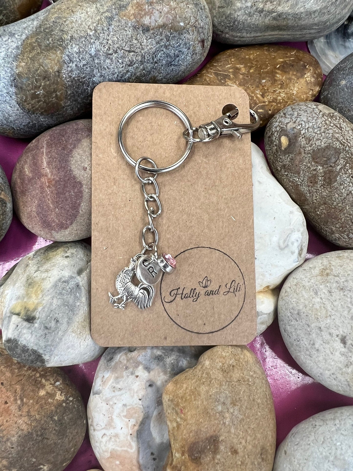 Cockerill Keyring, Hen keychain, Animal Keyring, Alphabetical Initial, Birthstone Charms, Chicken Zipper, Key-Ring, Cock Personalised