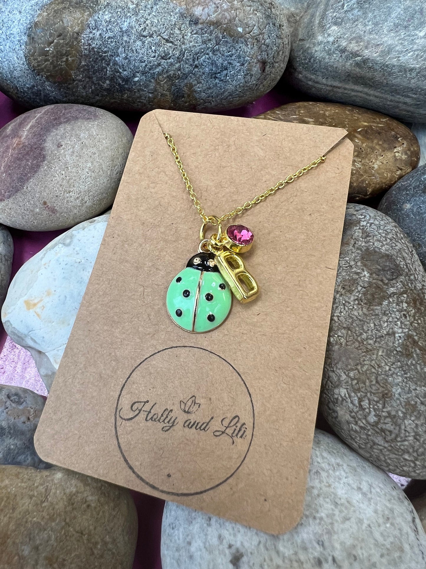 Ladybird Green Novelty Pendant Necklace, Personalised Ladybird Chain, Butterfly, Alphabet & Birthstone, First Necklace, Ladybug, Bff, Gift