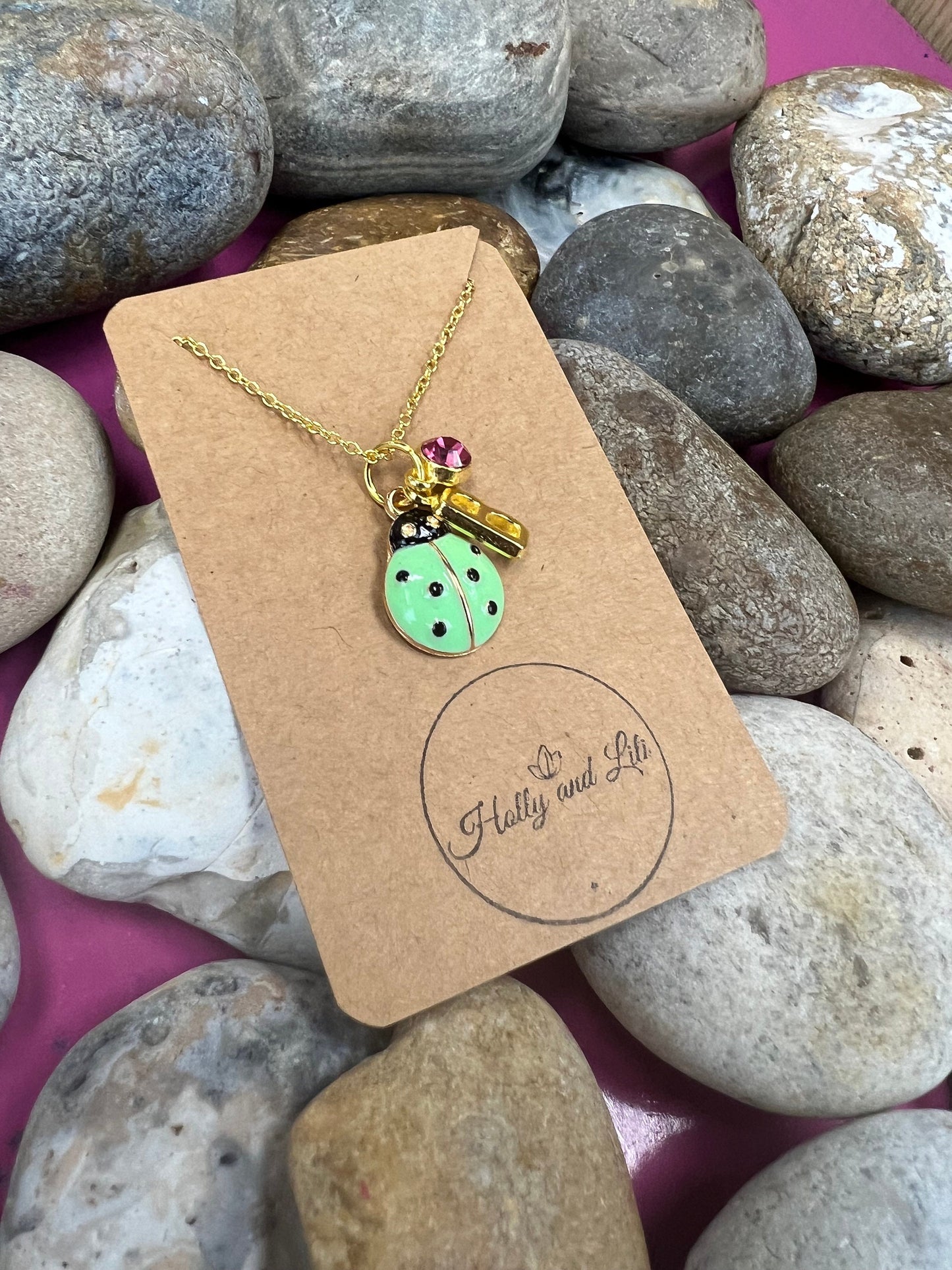 Ladybird Green Novelty Pendant Necklace, Personalised Ladybird Chain, Butterfly, Alphabet & Birthstone, First Necklace, Ladybug, Bff, Gift