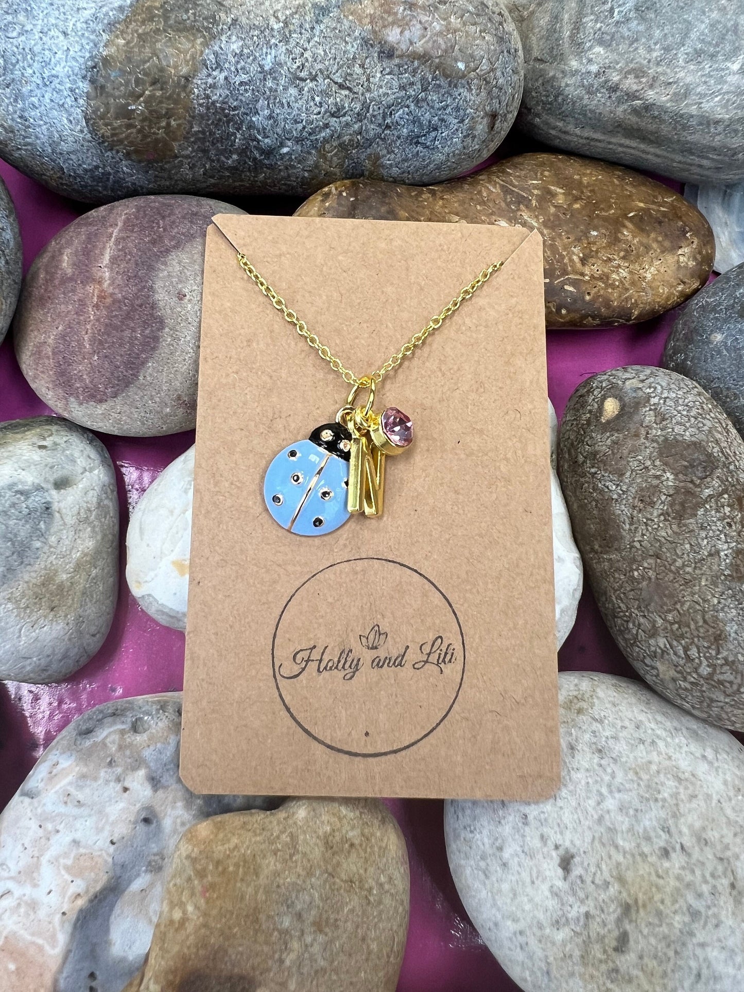 Ladybird Blue Novelty Pendant Necklace, Personalised Ladybird Chain, Butterfly, Alphabet & Birthstone, First Necklace, Ladybug, Bff, Gift