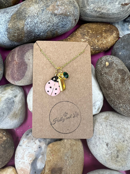 Ladybird Pink Novelty Pendant Necklace, Personalised Ladybird Chain, Butterfly, Alphabet & Birthstone, First Necklace, Ladybug, Bff, Gift