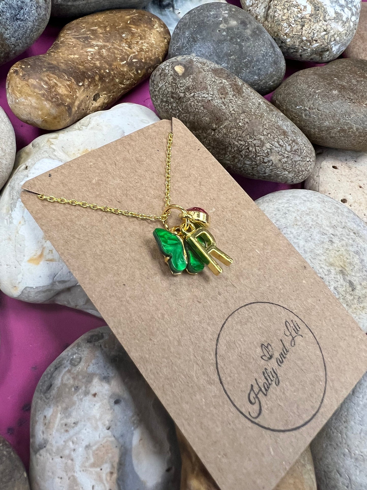 Butterfly Green Novelty Pendant Necklace, Personalised Butterfly Chain, Butterfly, Alphabet & Birthstone, First Necklace, Butterflies, Gift