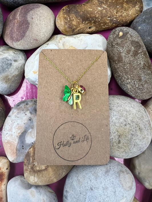 Butterfly Green Novelty Pendant Necklace, Personalised Butterfly Chain, Butterfly, Alphabet & Birthstone, First Necklace, Butterflies, Gift