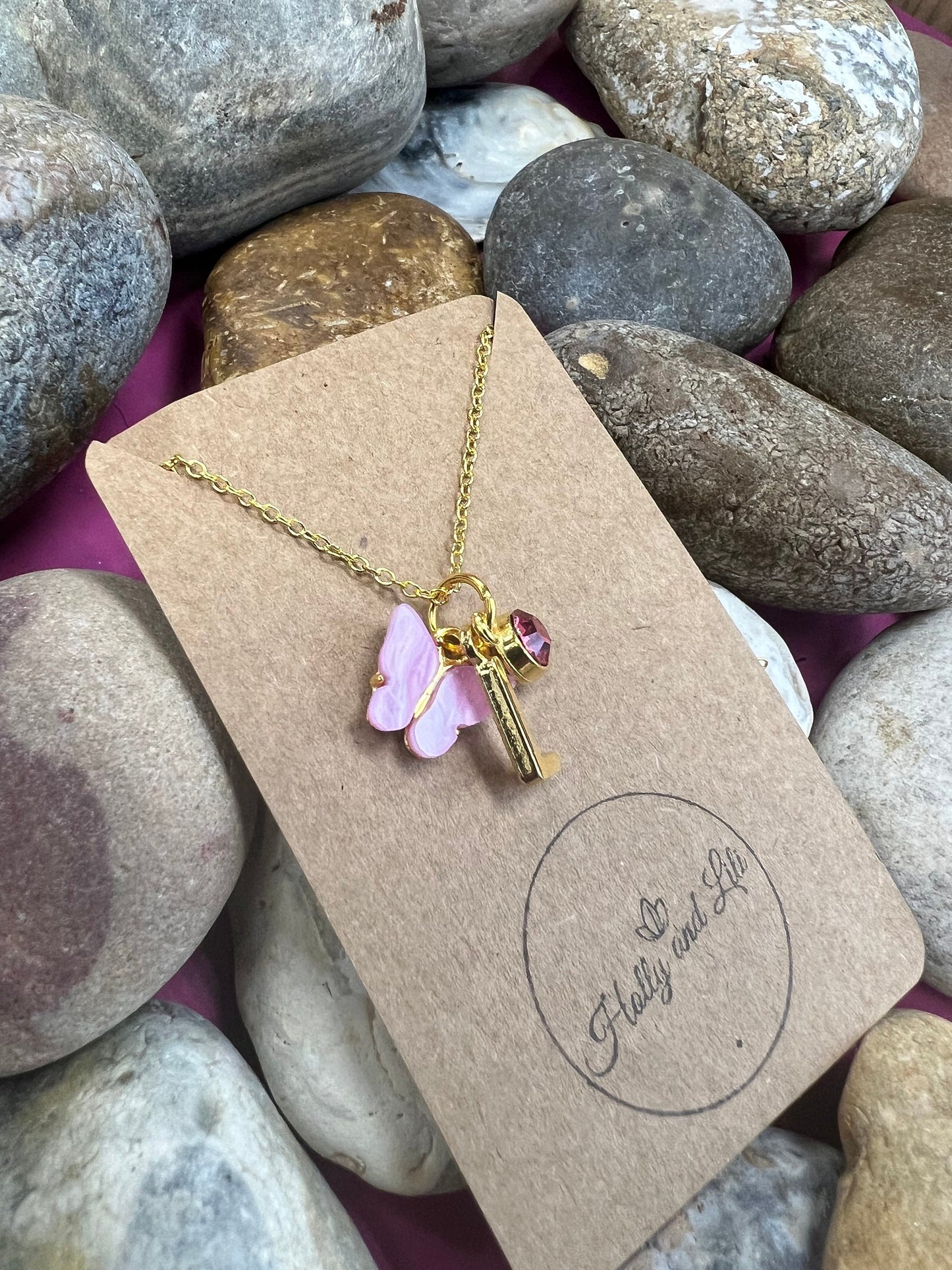 Butterfly Pink Novelty Pendant Necklace, Personalised Butterfly Chain, Butterfly, Alphabet & Birthstone, First Necklace, Butterflies, Gift