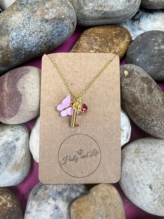 Butterfly Pink Novelty Pendant Necklace, Personalised Butterfly Chain, Butterfly, Alphabet & Birthstone, First Necklace, Butterflies, Gift