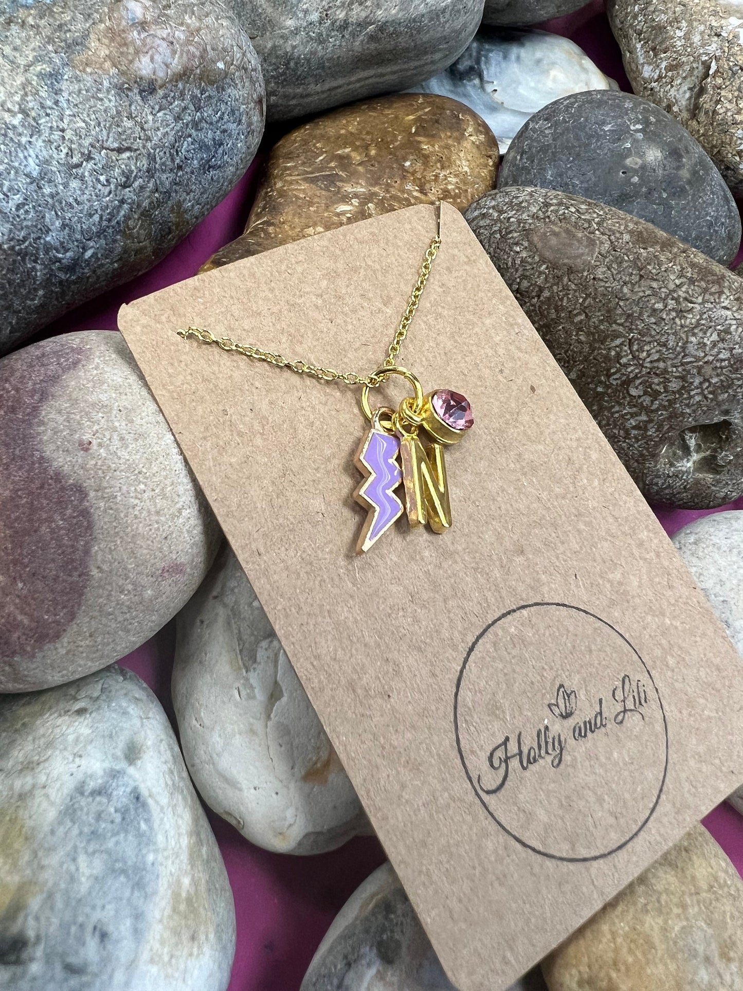 Lightning Purple Novelty Pendant Necklace, Personalised Lightning Chain, Flash, Alphabet & Birthstone, First Necklace, Light Bolt, Bff