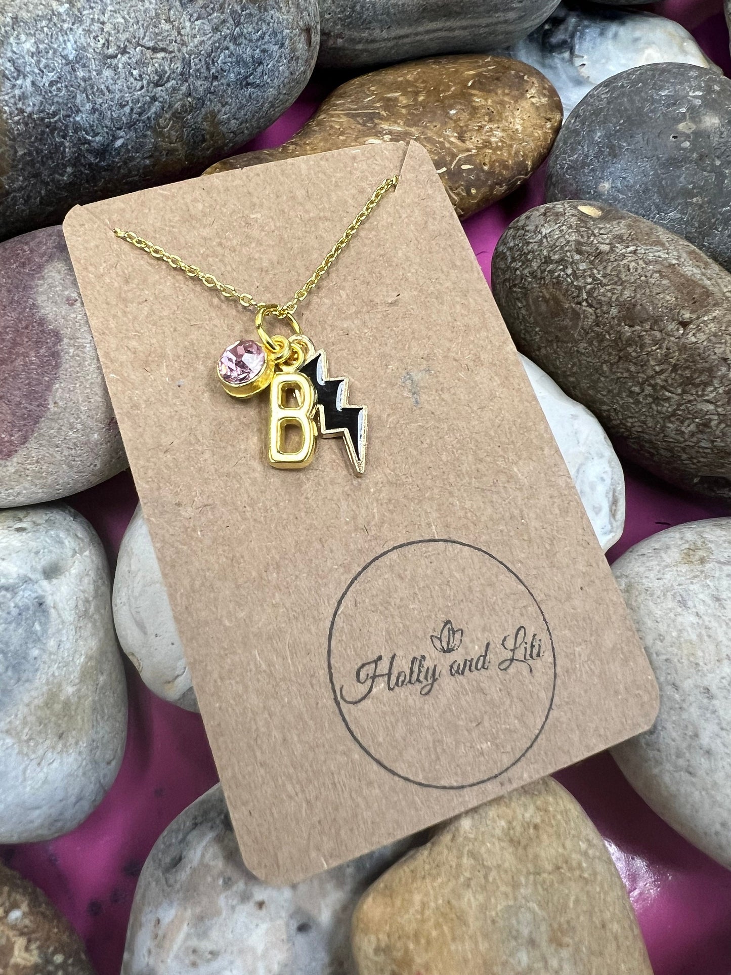 Lightning Black Novelty Pendant Necklace, Personalised Lightning Chain, Flash, Alphabet & Birthstone, First Necklace, Light Bolt, Bff