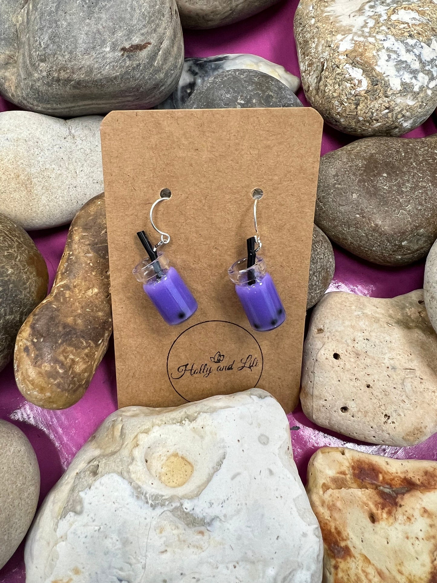 Bubble Tea 925 Sterling Silver Earrings, Purple Bubble Tea Hoops, Boba, Novelty, Novelty 925 Gifts, Boba Tea Gifts For Her, For BFF