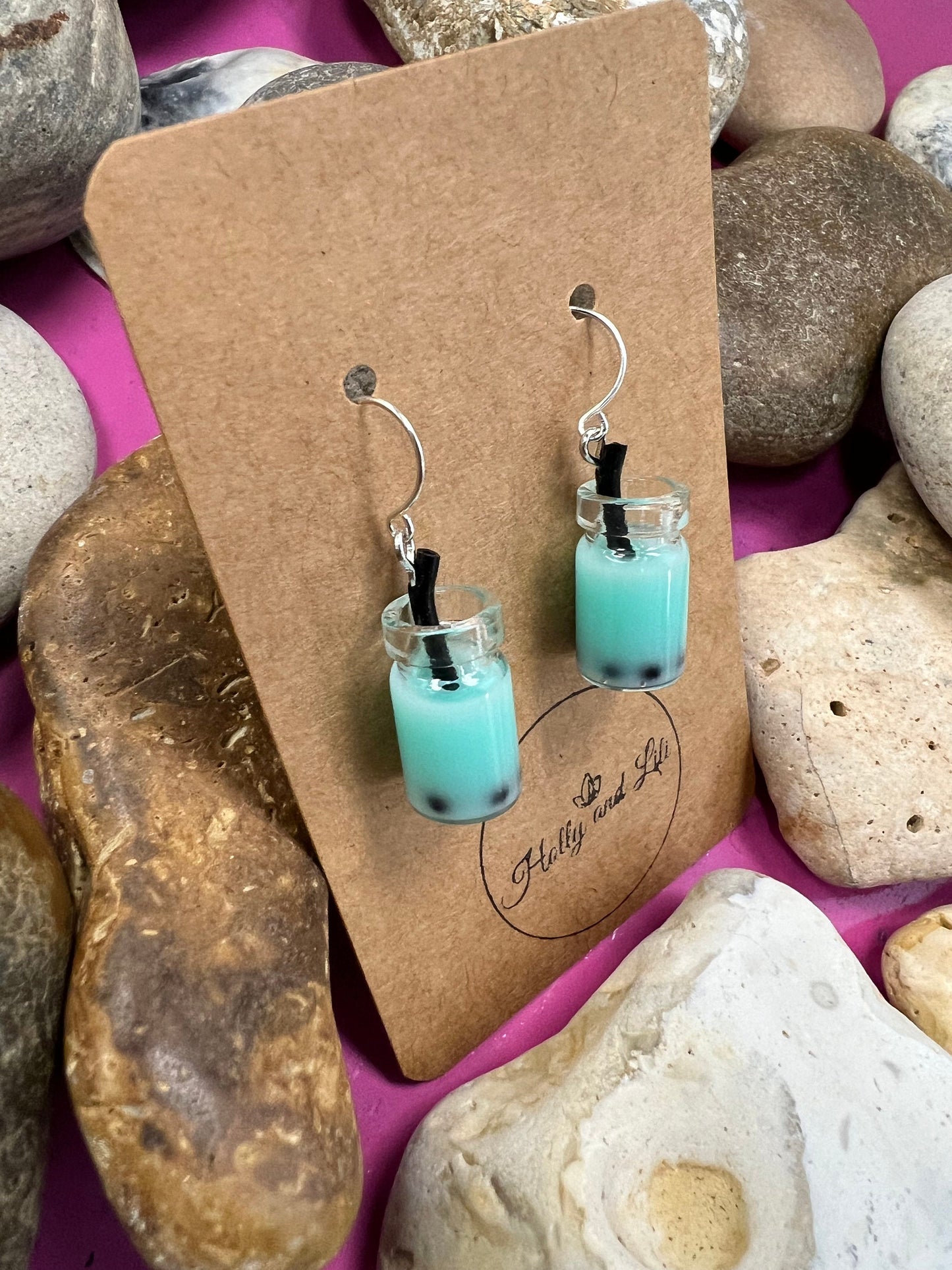 Bubble Tea 925 Sterling Silver Earrings, Teal Bubble Tea Hoops, Boba, Novelty, Novelty 925 Gifts, Boba Tea Gifts For Her, For BFF