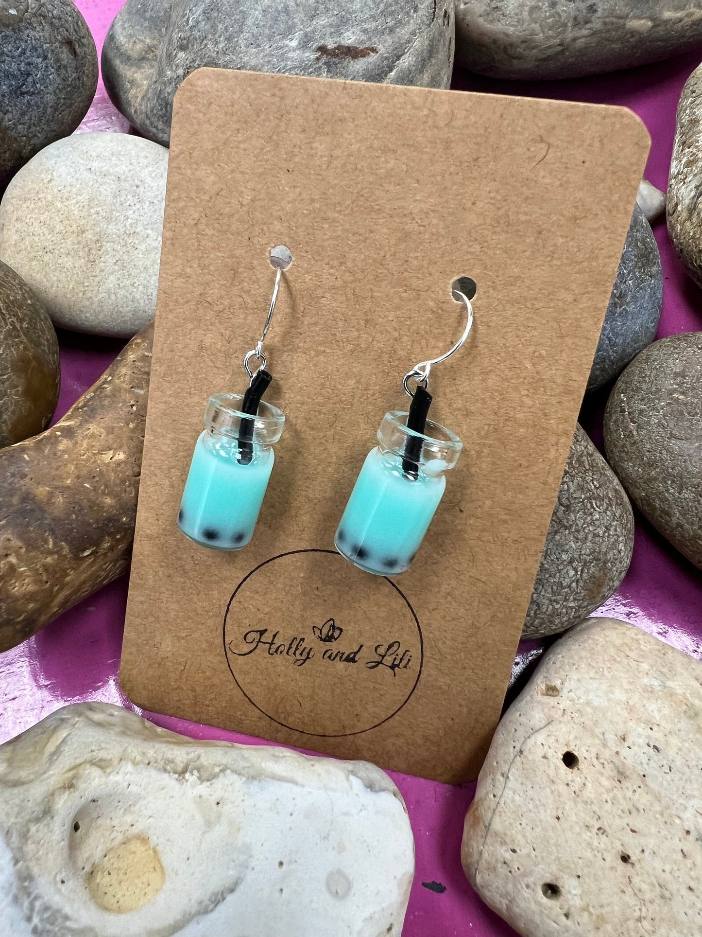 Bubble Tea 925 Sterling Silver Earrings, Teal Bubble Tea Hoops, Boba, Novelty, Novelty 925 Gifts, Boba Tea Gifts For Her, For BFF