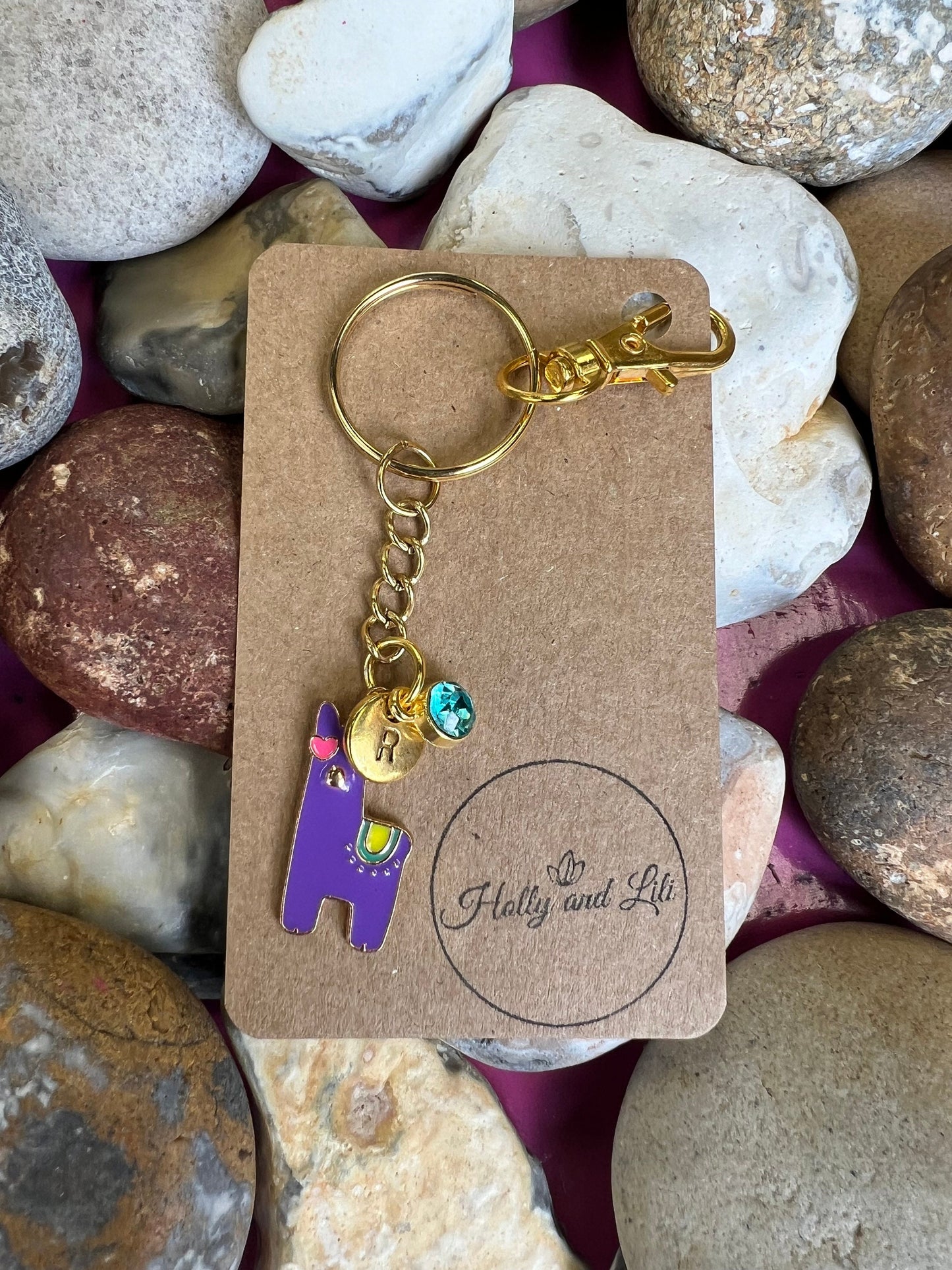 Llama Purple Style Personalised Keychain, Keyring Alphabet Initials, Llamas, Llama Keyring, Birthstone Charm, Animal Zipper