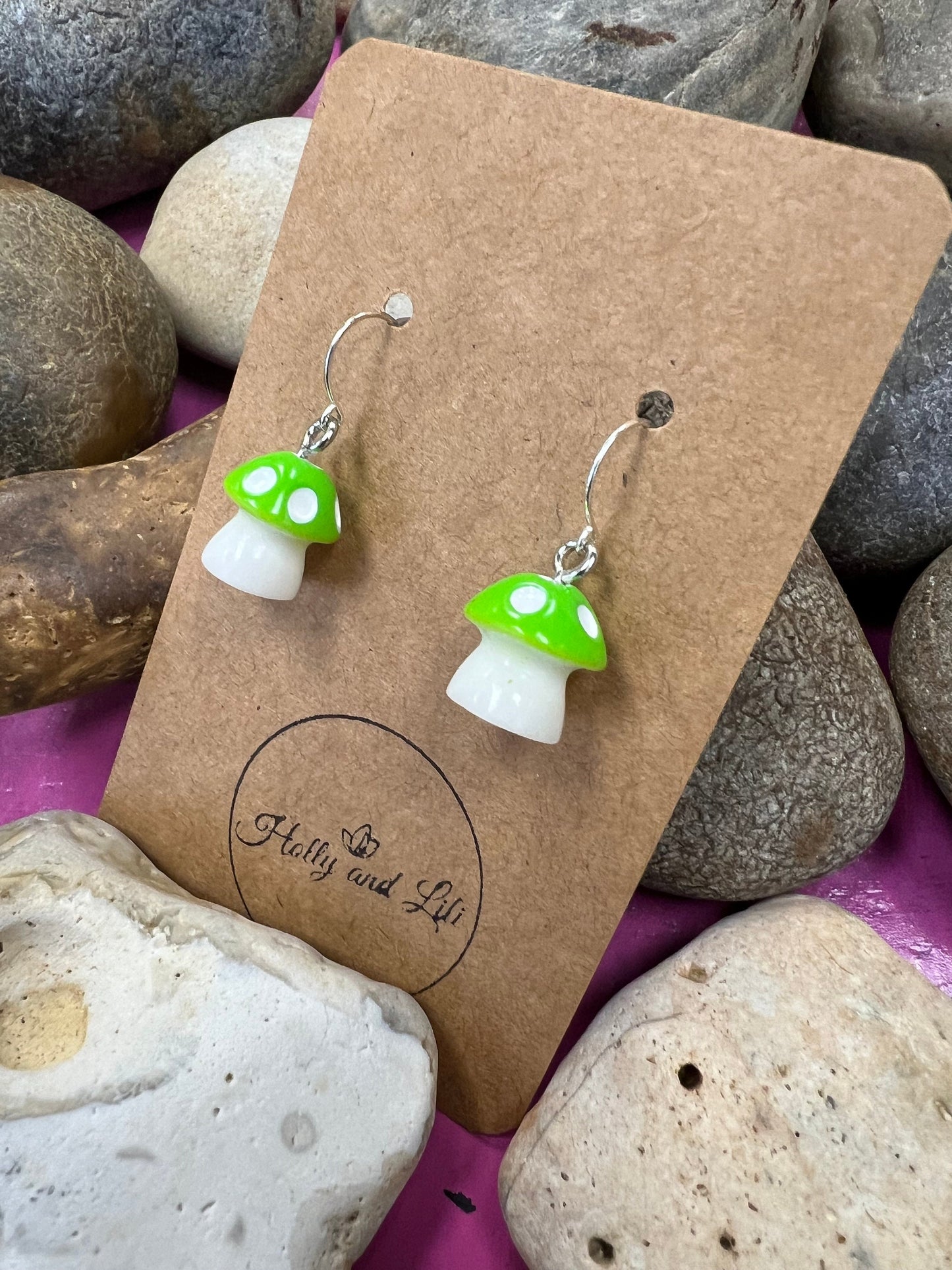 Mushroom 925 Sterling Silver Earrings, Green Shroom Earrings, Toadstool Earring, Mushy Earring, Novelty Mushrooms Gift 925 Fine jewellery