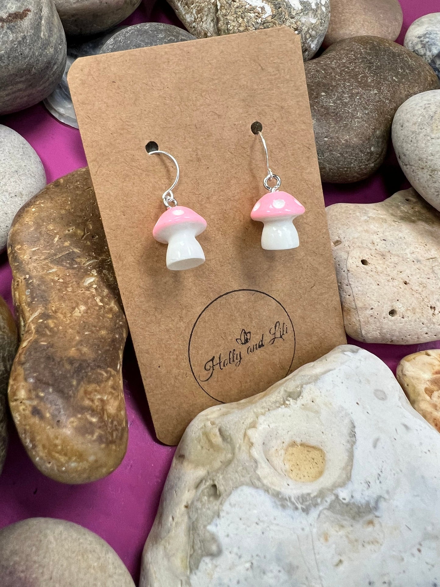 Mushroom 925 Sterling Silver Earrings, Pink Shroom Earrings, Toadstool Earring, Mushy Earring, Novelty Mushrooms Gift 925 Fine jewellery