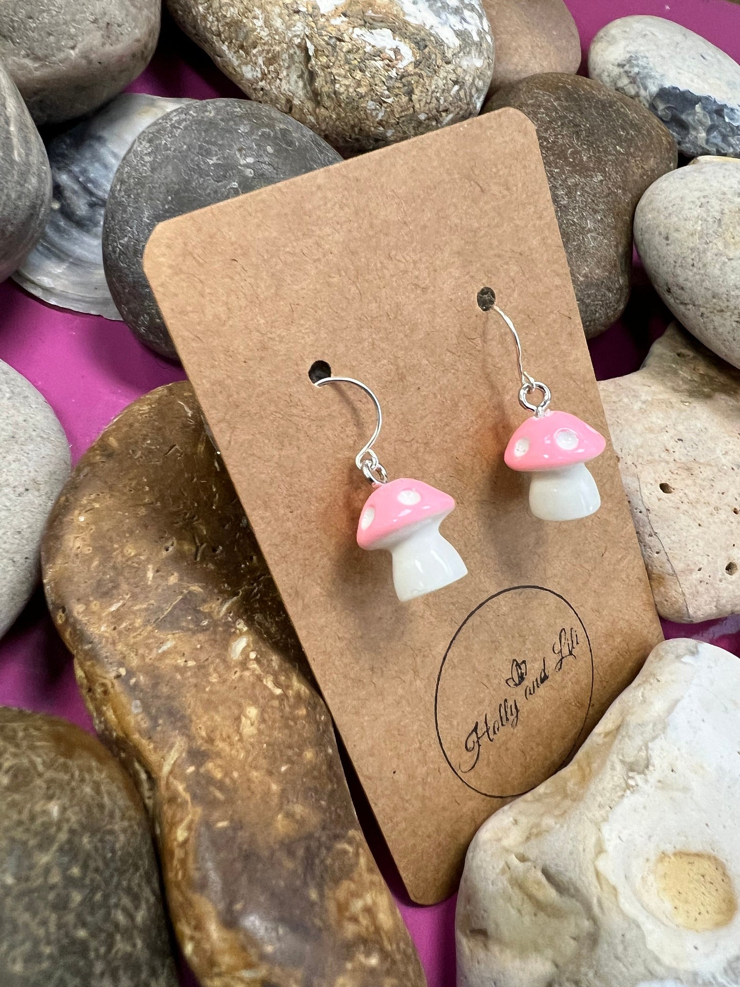 Mushroom 925 Sterling Silver Earrings, Pink Shroom Earrings, Toadstool Earring, Mushy Earring, Novelty Mushrooms Gift 925 Fine jewellery