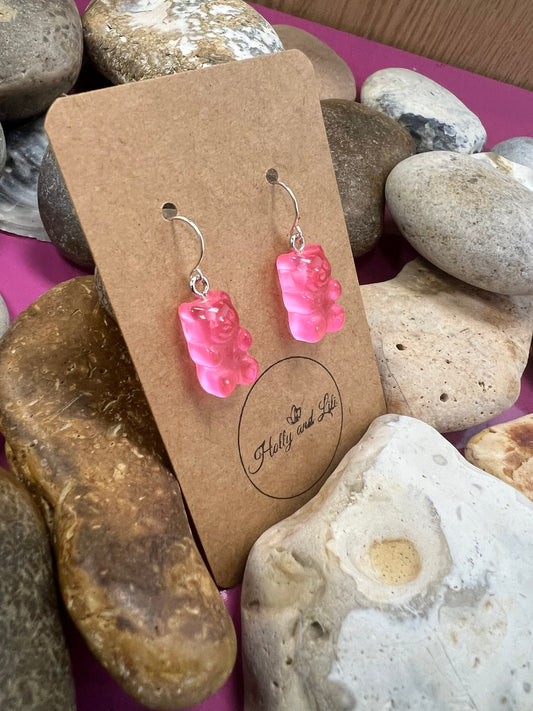 Gummy Bear 925 Sterling Silver Pink Style Earrings, 925 Teddy Bear, Personalise Hooks, Novelty 925 Bear Earrings, Cute Gummy, 925 Gummy Bear