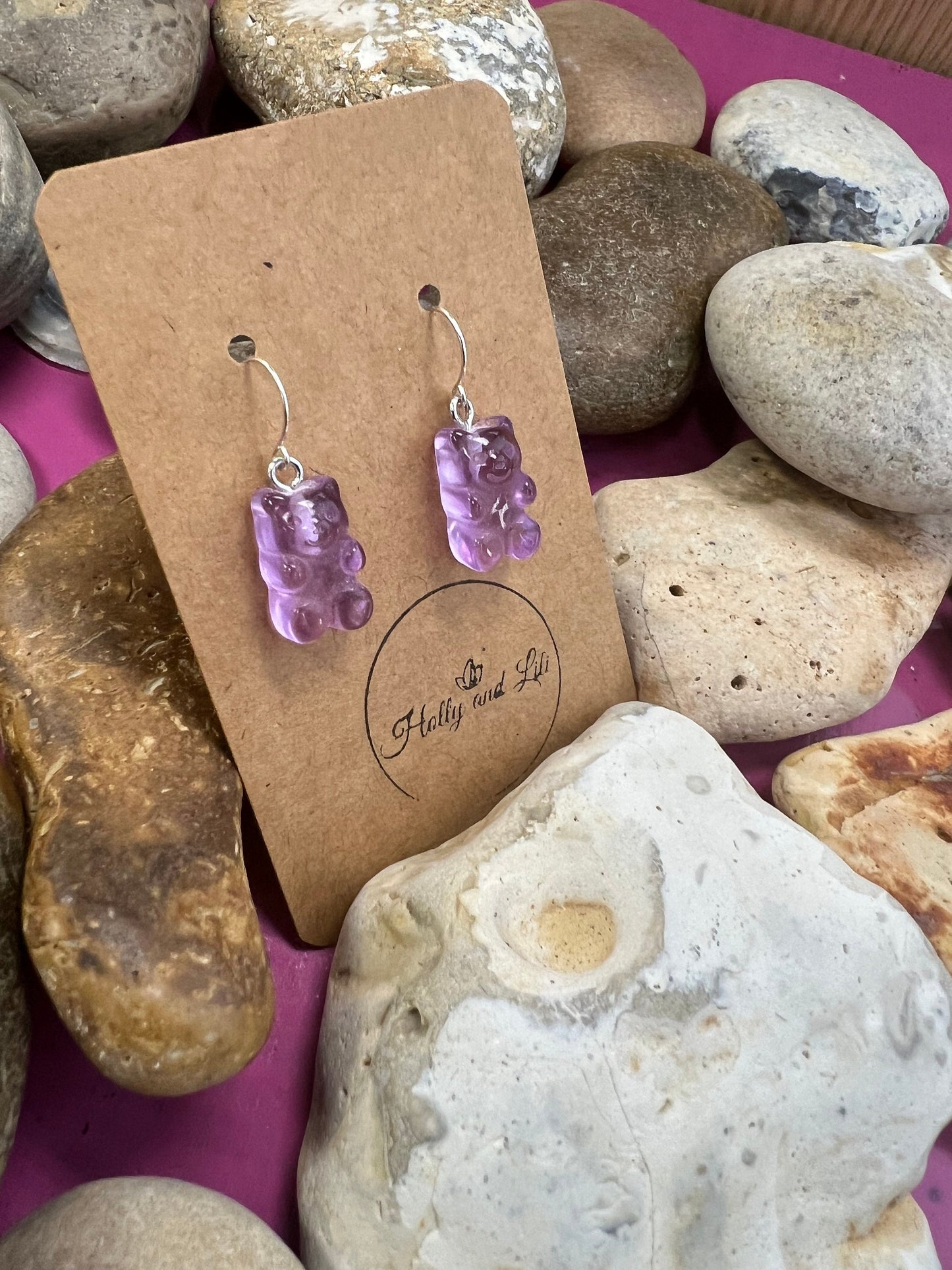 Gummy Bear 925 Sterling Silver Purple Style Earrings, 925 Teddy Bear, Personalise Hooks, Novelty 925 Bear Earrings, Gummy, 925 Gummy Bear