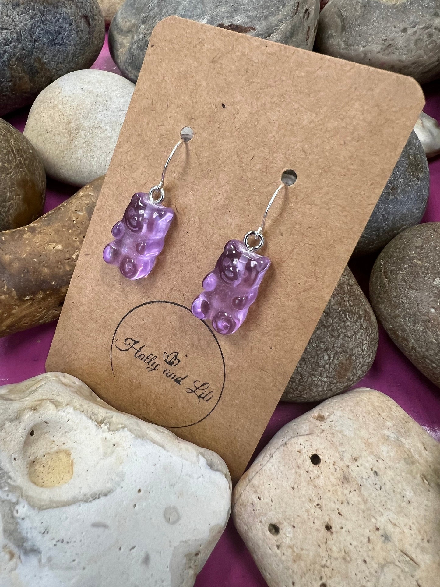 Gummy Bear 925 Sterling Silver Purple Style Earrings, 925 Teddy Bear, Personalise Hooks, Novelty 925 Bear Earrings, Gummy, 925 Gummy Bear