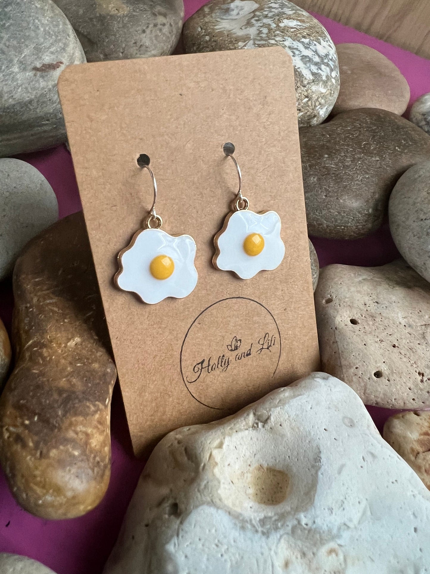 Fried Eggs 925 Sterling Silver Novelty Earrings, Egg Earring Hooks, Novelty Egg Dangle Drop Earrings, Personalised Earrings, Fried Egg Hoops