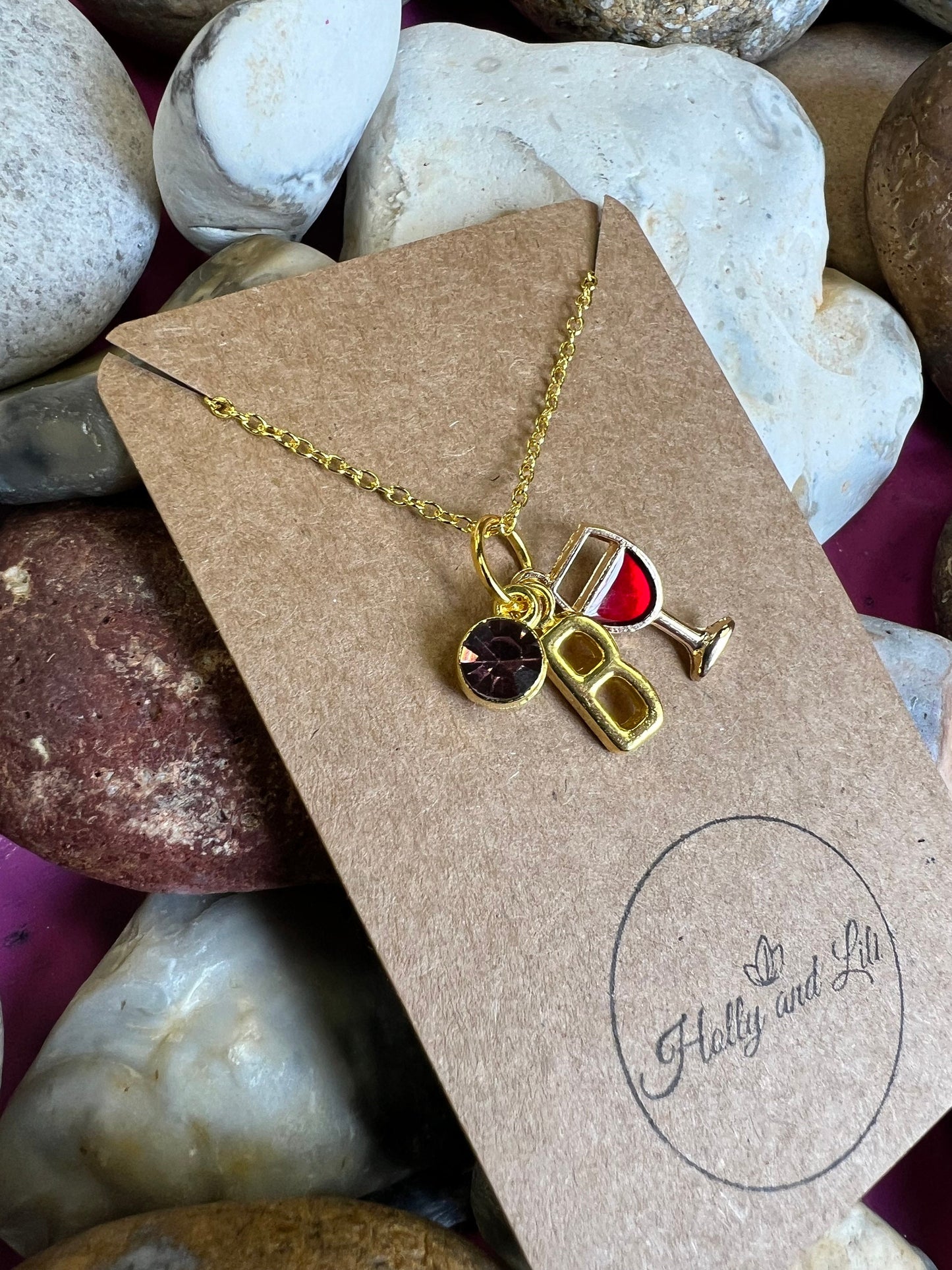 Red Wine Necklace, Wine Glass Personalised Pendant Charm Necklace, Alphabet Initial, Birthstone Charm, First Necklace, Wine Gifts