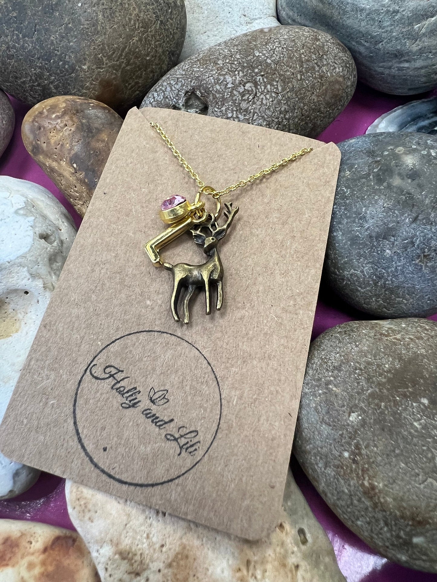 Deer Stag Bronze Personalised Animal Pendant Charm Necklace, Alphabet Initials, Birthstone, Bambi, Deers, Wild Animal, Unique Gift For Her