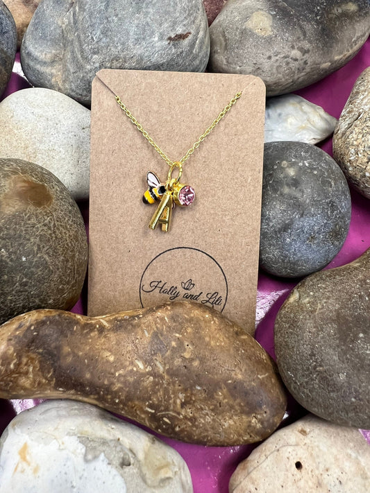 Bee Novelty Pendant Necklace, Personalised Bees Chain, Butterfly, Alphabet & Birthstone, First Necklace, Queen Bee, Bff, Buzz Gift, Insect