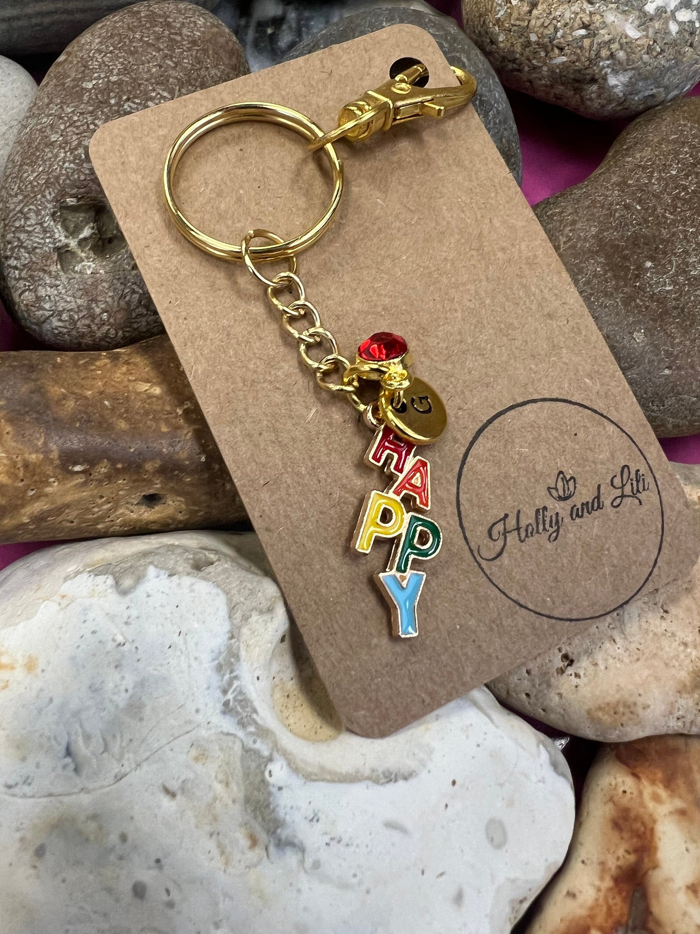 Happy Style Personalised Keyring, Happy, Alphabet Initials, Happiness, Birthstone Charm, Initials Keyring, Happy Zipper Chain