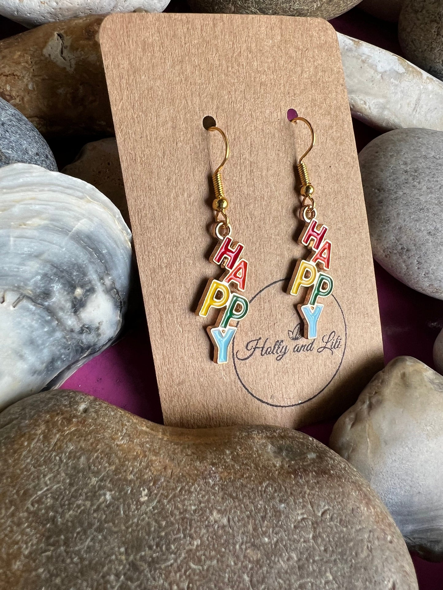 Happy Earrings, Personalised Happy Hooks, Novelty Hoops, Happy Earring, Happiness Earring, Be Happy Gifts, Jolly Hooks, Smile Gift