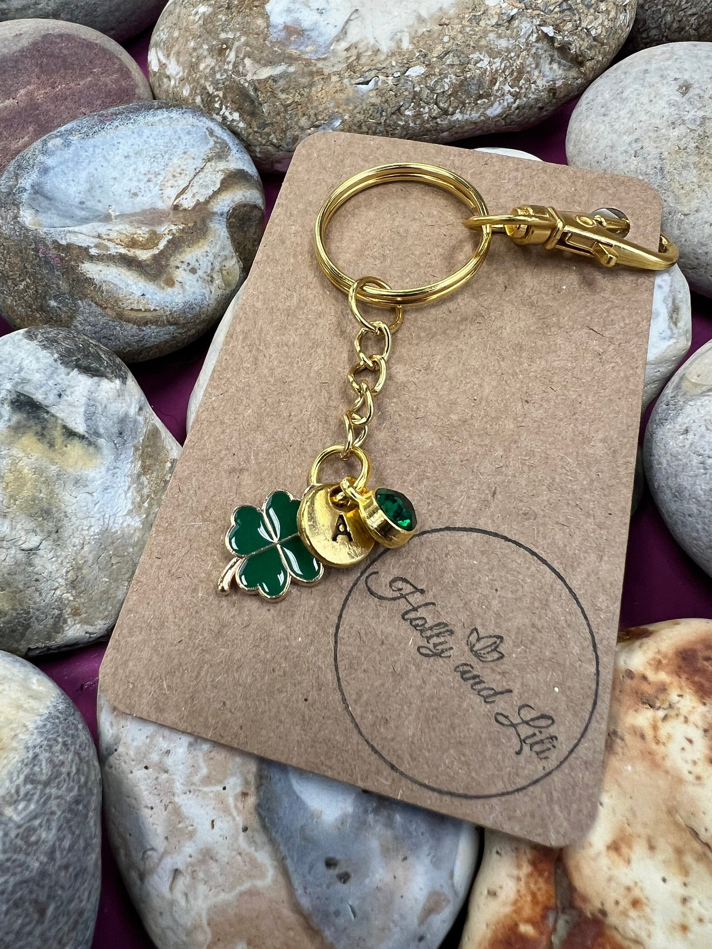 Clover Style Personalised Keychain, Four Leaf Clover Keyring, Alphabet Initials, Birthstone Charm, Clovers Gifts, Flower Zipper Chain