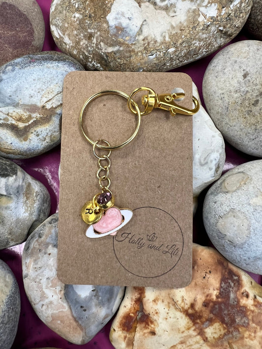 Planet Style White & Pink Personalised Gold Keyring, Galaxy Keychain, Space Zipper Chain, Alphabet Initials, Birthstone Charm, Space Gifts