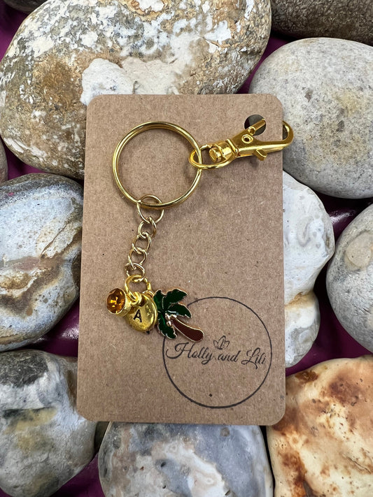 Coconut Tree Style Personalised Keychain, Coconut Keyring, Alphabet Initials, Birthstone Charm, Coconuts Gifts, Plant Zipper Chain