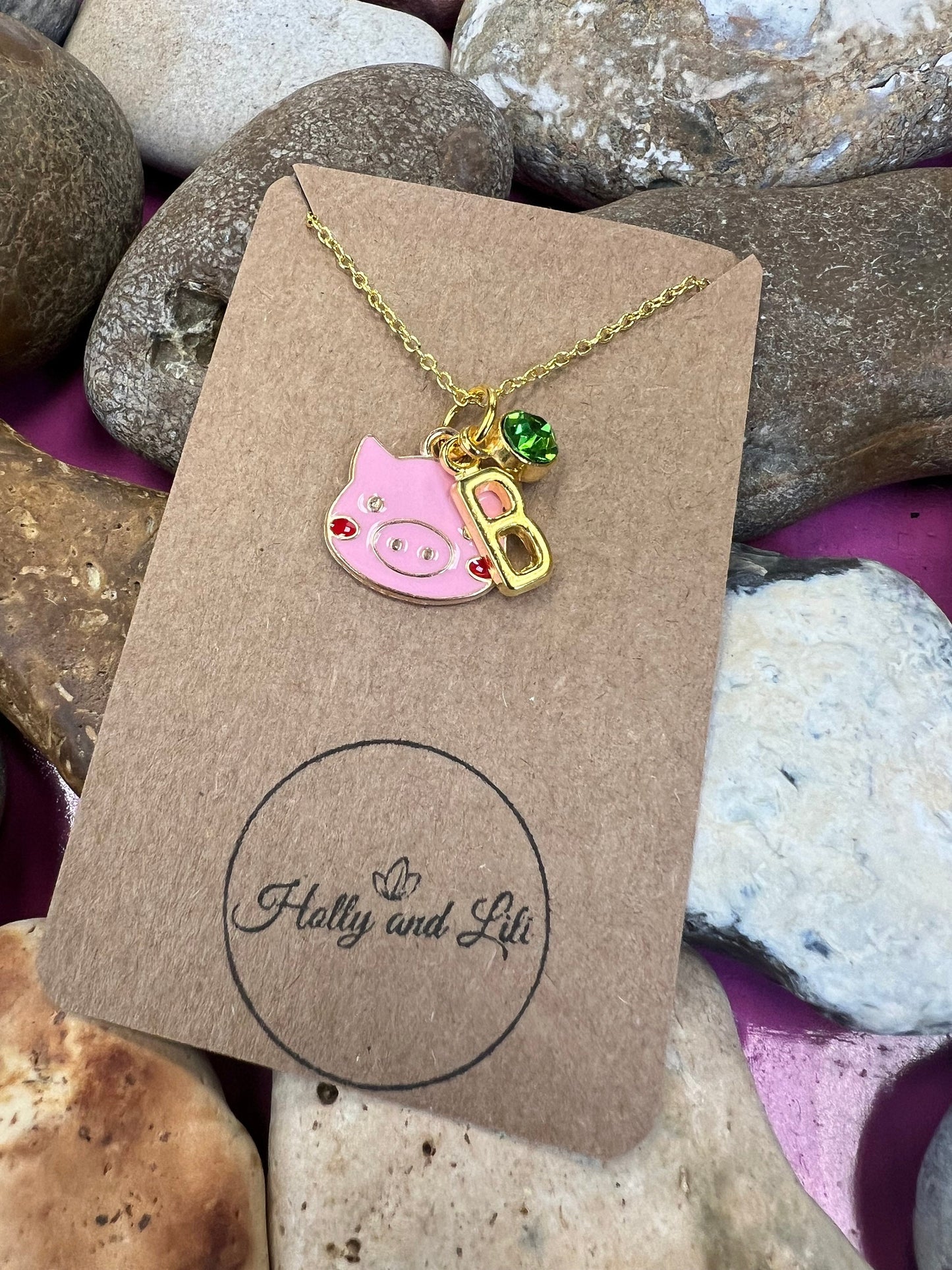 Pig Face Personalised Pendant Piggy Charm Necklace, Alphabet Initials, Birthstone Charm, Piglet, Pig, Pigs, 1st Necklace, Animal Chain, Cute