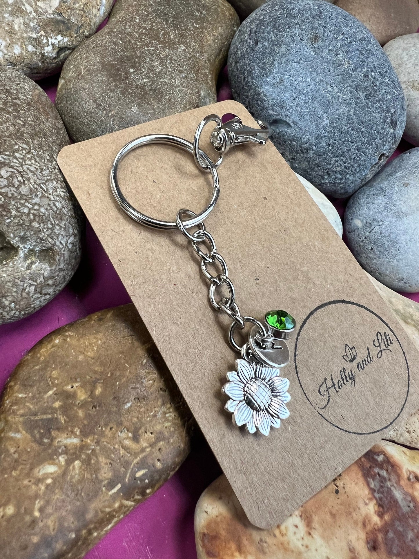 Sunflower Style Personalised Gold Keyring, Flower Keychain, Alphabet Initials, Birthstone Charm, Initials Keyring, Flower Zipper Chain