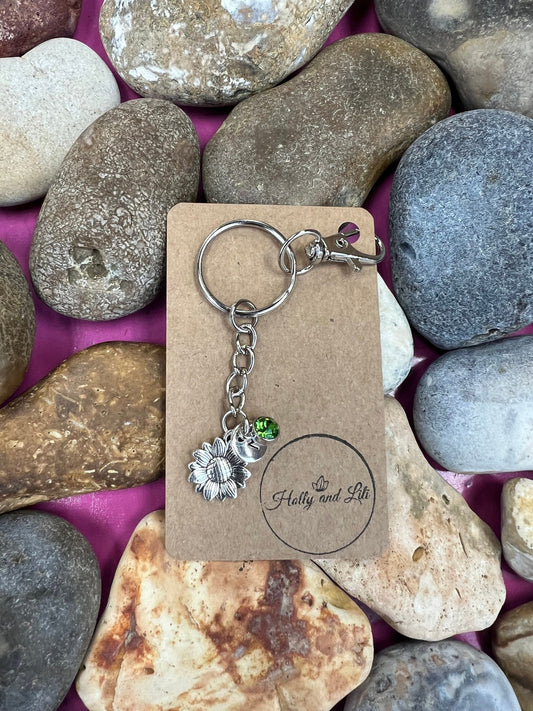 Sunflower Style Personalised Gold Keyring, Flower Keychain, Alphabet Initials, Birthstone Charm, Initials Keyring, Flower Zipper Chain