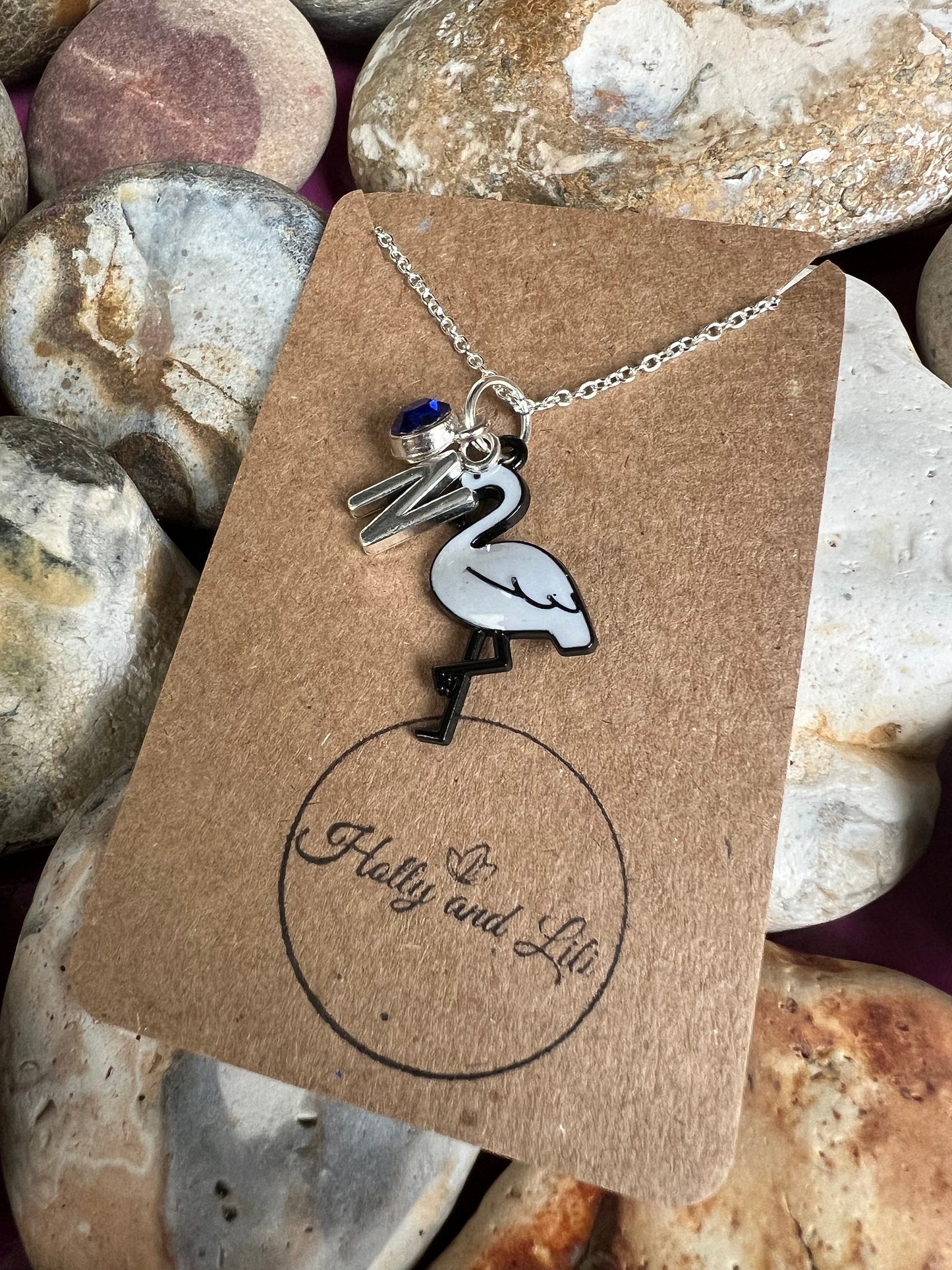 Flamingo Grey Personalised Pendant Animal Charm Gold Necklace, Alphabet Initials,  Birthstone Charm, Flamingo Gift, Flamingo Necklace & Gift