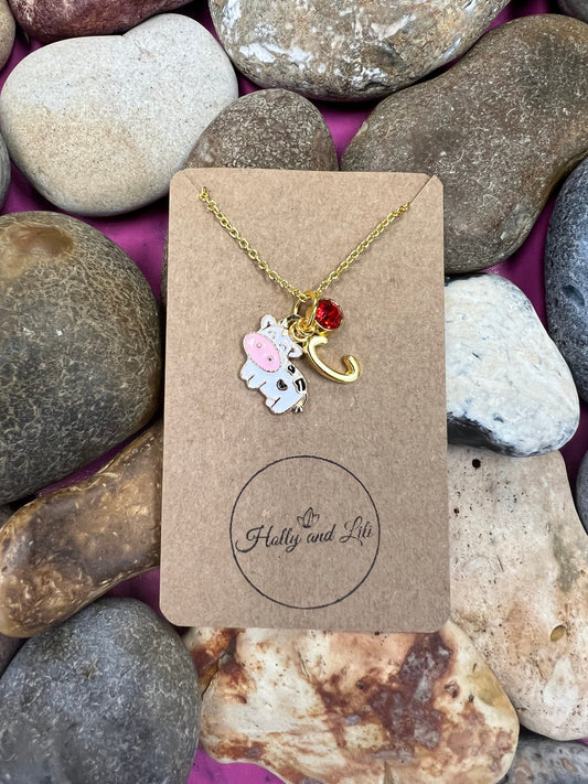 Cow Personalised Pendant Cow Charm Necklace, Alphabet Initials, Birthstone Charm, Moo, Calf, Bull, 1st Necklace, Animal Chain, Cute