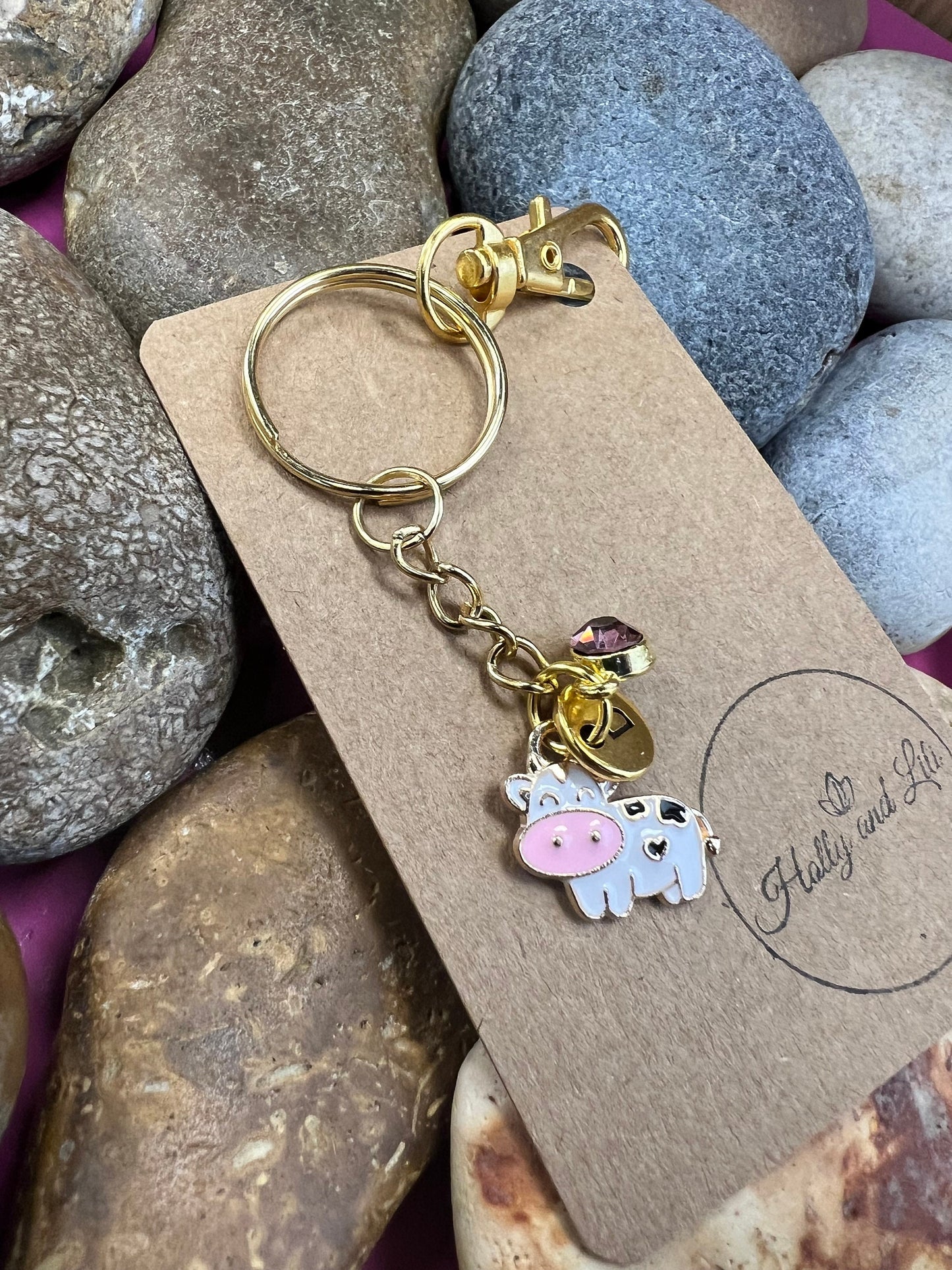 Cow Keyring, Cows keychain, Calf Keyring, Alphabetical Initial, Birthstone Charms, Bull Zipper, Key-Ring, Cow Personalised