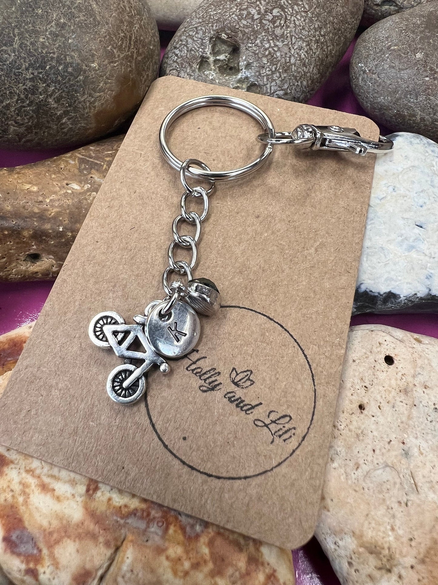 Bike Personalised Keychain, Cycling Keyring Gift, Alphabet Initial, Birthstone Charm, Bikes Personalised Gift, Cycle Zipper, Bicycle