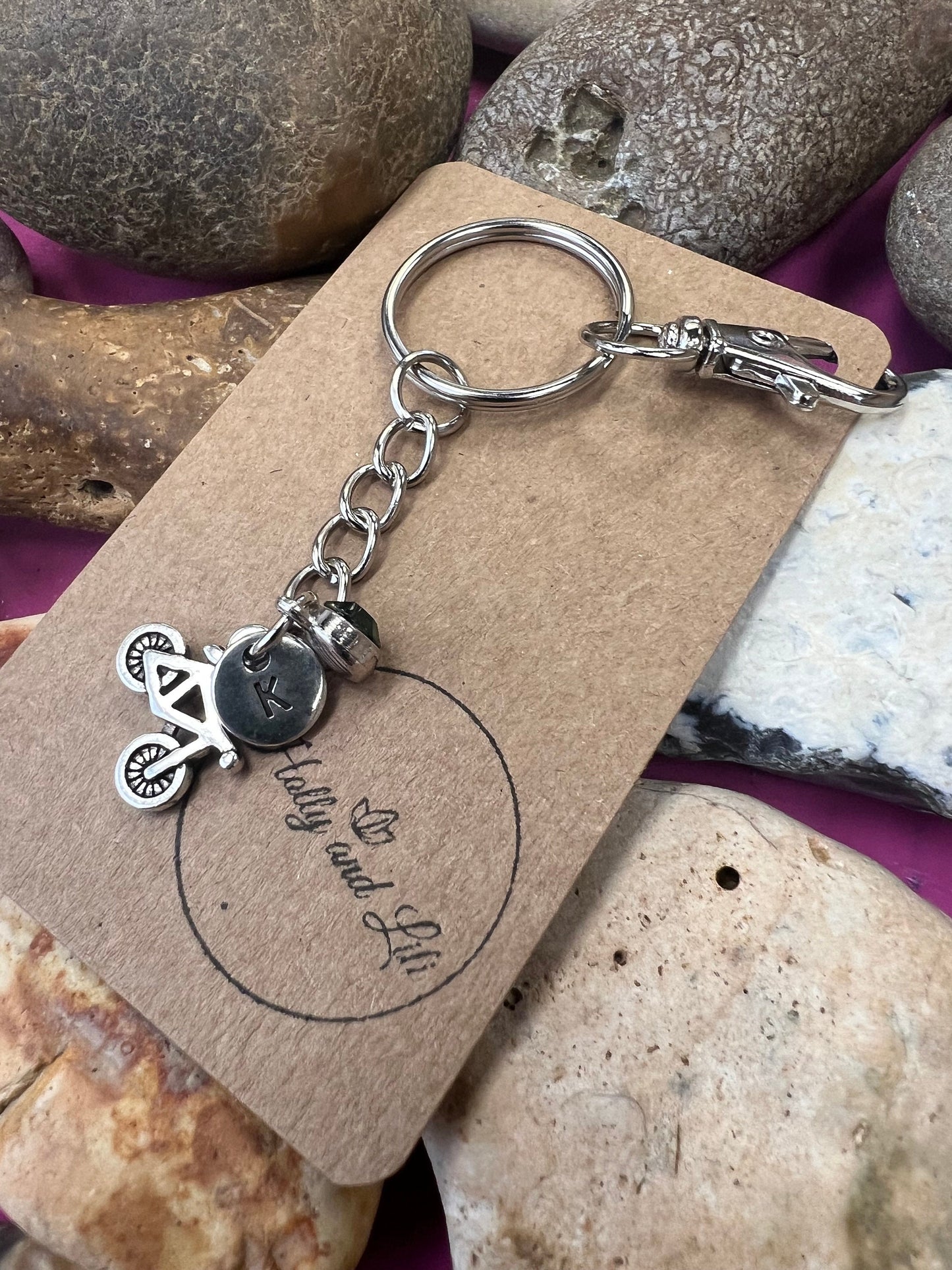 Bike Personalised Keychain, Cycling Keyring Gift, Alphabet Initial, Birthstone Charm, Bikes Personalised Gift, Cycle Zipper, Bicycle