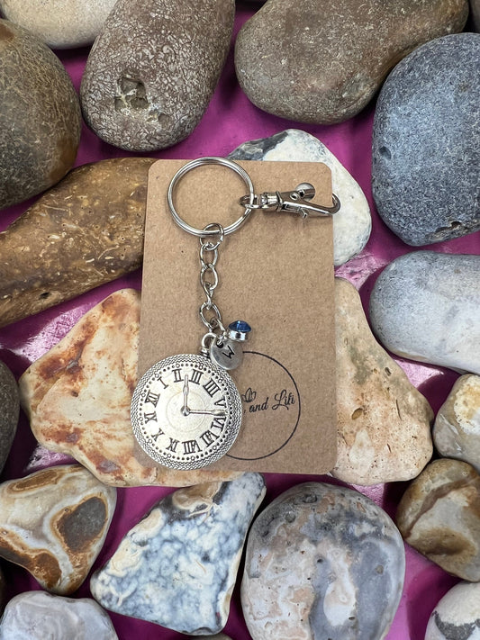 Clock Personalised Keychain, Clock Keyring Gift, Alphabet Initial, Birthstone Charm, Clocks Personalised Gift, Time Zipper