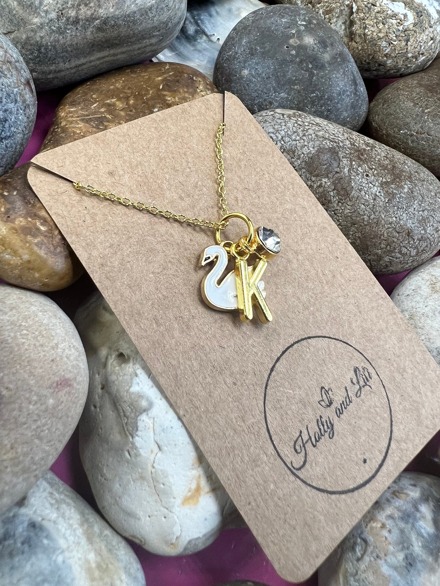 Swan Personalised Pendant Animal Charm Gold Necklace, Alphabet Initials,  Birthstone Charm, Swans Gift, Drake Necklace & Gift