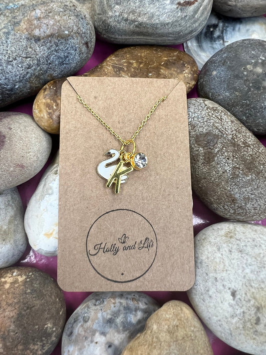 Swan Personalised Pendant Animal Charm Gold Necklace, Alphabet Initials,  Birthstone Charm, Swans Gift, Drake Necklace & Gift