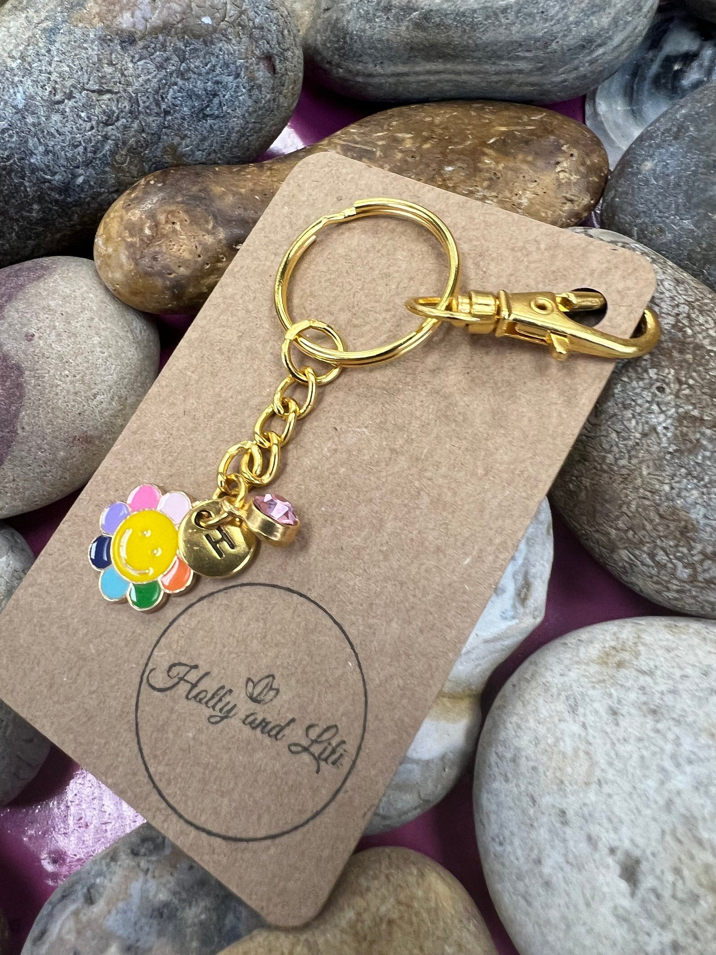 Daisy Happy Face Flower Style Personalised Gold Keyring, Daisie, Alphabet Initials, Birthstone Charm, Initials Keyring, Flower Zipper Chain