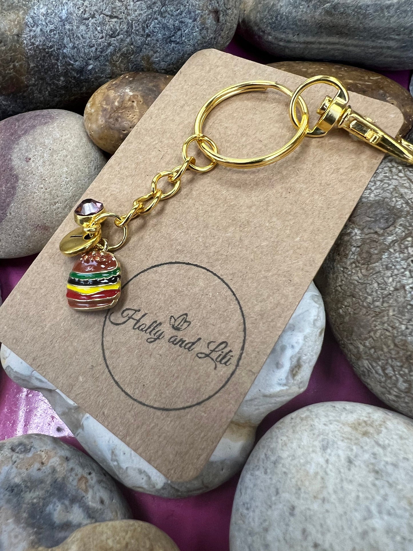 Burger Style Personalised Gold Keyring, Hamburger, Alphabet Initials, Vegan, Birthstone Charm, Initials Keyring, Cheeseburger Zipper Chain