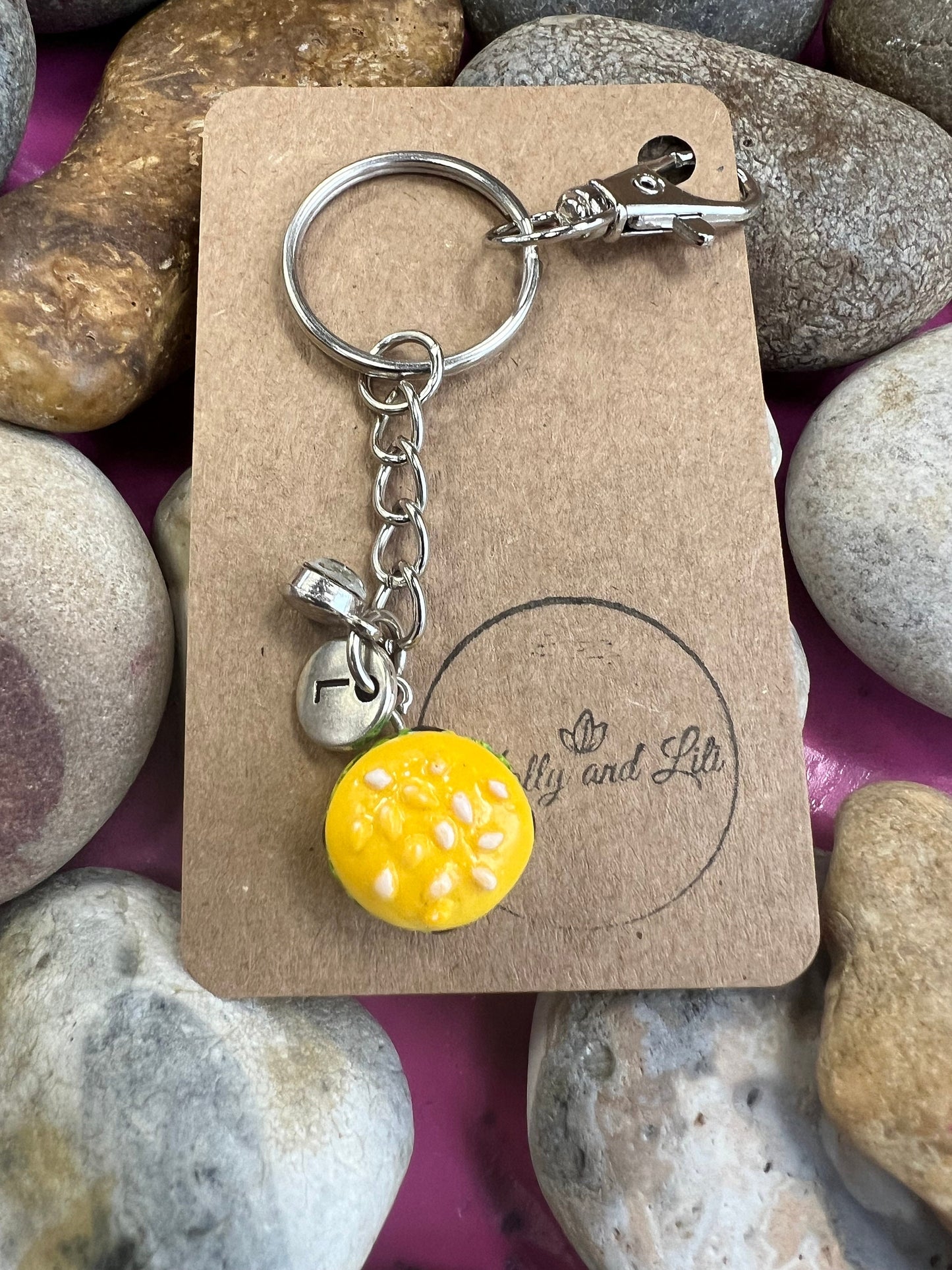 Burger Style Personalised Keyring, Hamburger, Alphabet Initials, Vegan, Birthstone Charm, Initials Keyring, Cheeseburger Zipper Chain