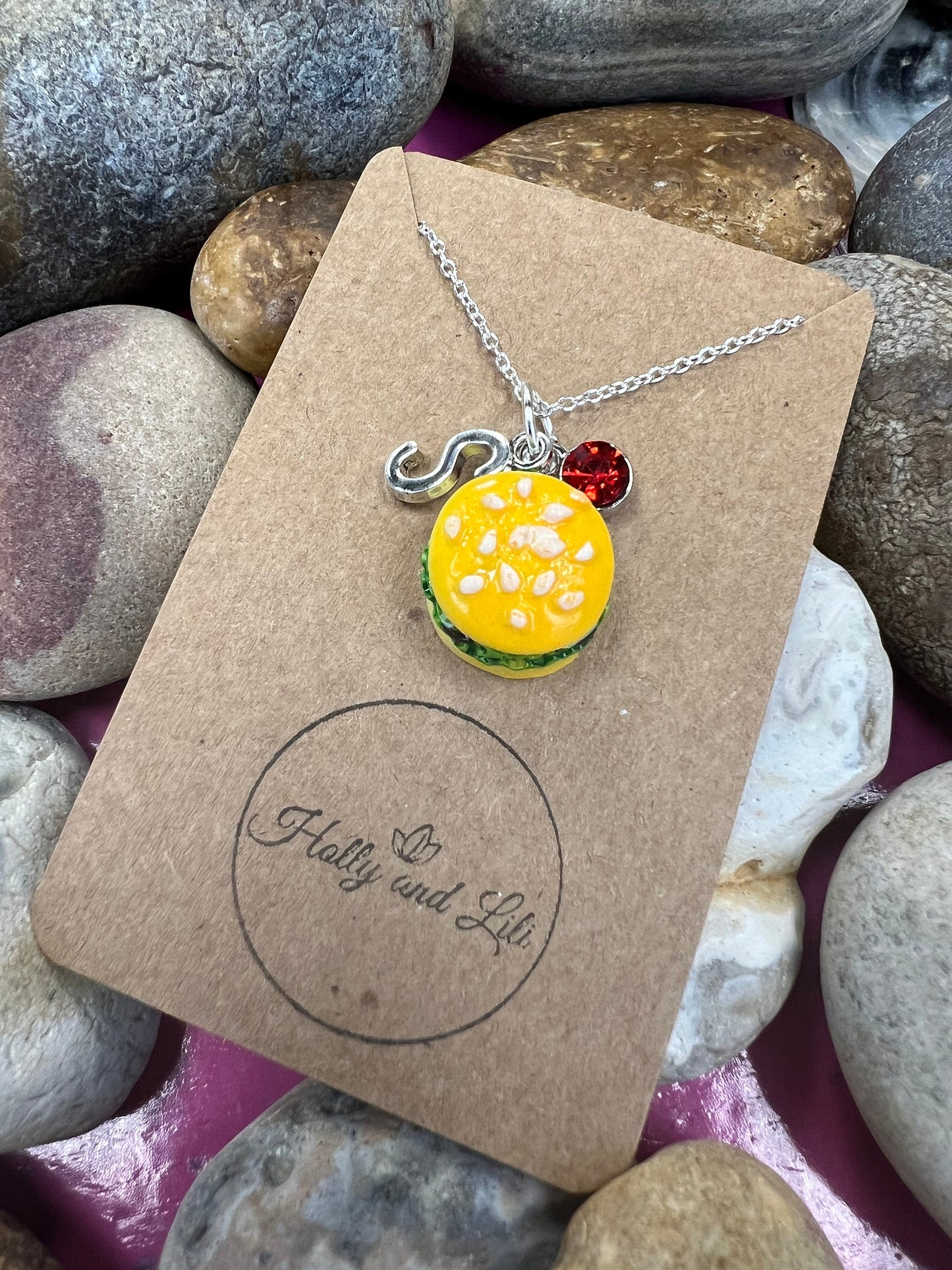 Burger Personalised Pendant Flower Charm Gold Necklace, Alphabet Initials,  Birthstone Charm, Cheeseburger  Gift, Hamburger, vegan burger